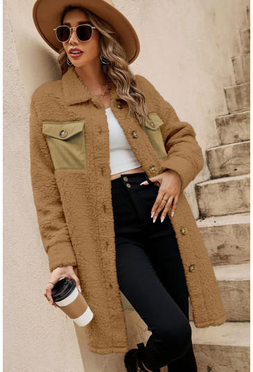 Beige Contrast Flap Pocket Single Breasted Teddy Coat