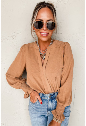 Shirred Cuff Notch V Neck Blouse