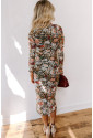 Brown Floral Allover Print Mock Neck Bodycon Long Sleeve Midi Dress