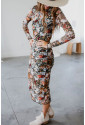 Brown Floral Allover Print Mock Neck Bodycon Long Sleeve Midi Dress