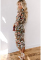 Brown Floral Allover Print Mock Neck Bodycon Long Sleeve Midi Dress