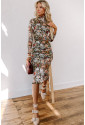 Brown Floral Allover Print Mock Neck Bodycon Long Sleeve Midi Dress