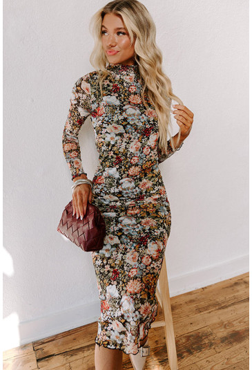 Brown Floral Allover Print Mock Neck Bodycon Long Sleeve Midi Dress