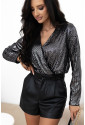 Black Sequin Long Sleeve Wrap Bodysuit