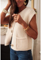 White Solid Textured Knit Side Pockets Buttoned Sweater Vest