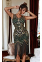 1920s Sleeveless V Neck Sequin Inspired Cocktail Fringed Flapper Dress 