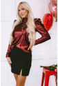 Burgundy Sequin Mock Neck Bubble Sleeve Top