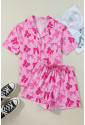 Pink Bow Print Half Sleeve Shirt and Shorts Pajamas Set