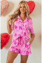 Pink Bow Print Half Sleeve Shirt and Shorts Pajamas Set