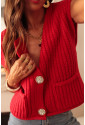 Red Solid Textured Knit Side Pockets Buttoned Sweater Vest