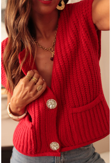 Red Solid Textured Knit Side Pockets Buttoned Sweater Vest