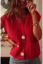 Red Solid Textured Knit Side Pockets Buttoned Sweater Vest