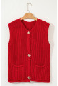 Red Solid Textured Knit Side Pockets Buttoned Sweater Vest