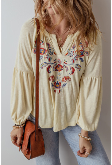 Apricot Paisley Floral Embroidered Notch V Neck Blouse