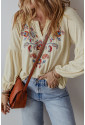 Apricot Paisley Floral Embroidered Notch V Neck Blouse