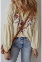 Apricot Paisley Floral Embroidered Notch V Neck Blouse