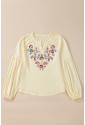 Apricot Paisley Floral Embroidered Notch V Neck Blouse