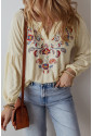 Apricot Paisley Floral Embroidered Notch V Neck Blouse