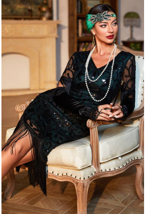 Vintage elegantné strapcové flitrové šaty Gatsby