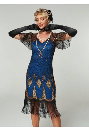 Elegant blue vintage flapper Gatsby seqiuns dress