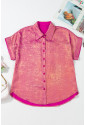 Rose Red Metallic Sheen Short Sleeve Buttoned Front Casual Shirt