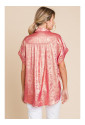 Rose Red Metallic Sheen Short Sleeve Buttoned Front Casual Shirt