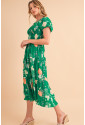 Green Floral Print Bubble Sleeve Smocked Tiered Midi Dress