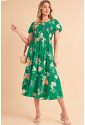 Green Floral Print Bubble Sleeve Smocked Tiered Midi Dress