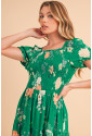 Green Floral Print Bubble Sleeve Smocked Tiered Midi Dress