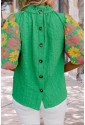 Bright Green Floral Puff Short Sleeve Ruffled Collar Button Back Top