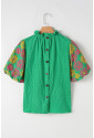 Bright Green Floral Puff Short Sleeve Ruffled Collar Button Back Top