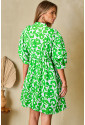 Green Floral Print Puff Half Sleeve V Neck Babydoll Dress