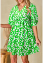 Green Floral Print Puff Half Sleeve V Neck Babydoll Dress