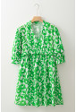 Green Floral Print Puff Half Sleeve V Neck Babydoll Dress