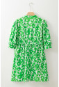 Green Floral Print Puff Half Sleeve V Neck Babydoll Dress