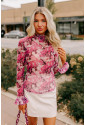 Rose Floral Mesh Flounce Sleeve Mock Neck Blouse