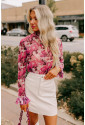 Rose Floral Mesh Flounce Sleeve Mock Neck Blouse