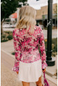 Rose Floral Mesh Flounce Sleeve Mock Neck Blouse