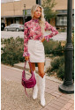 Rose Floral Mesh Flounce Sleeve Mock Neck Blouse