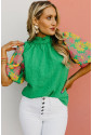 Bright Green Floral Puff Short Sleeve Ruffled Collar Button Back Top