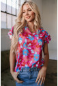 Rose Red Ruffled Sleeve Floral Blouse