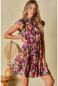 Green Floral Print Ruched Flutter Sleeve Frilled Neck Mini Dress