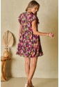 Green Floral Print Ruched Flutter Sleeve Frilled Neck Mini Dress