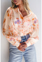 White Floral Print Collared Balloon Sleeve Loose Shirt