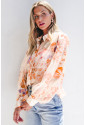 White Floral Print Collared Balloon Sleeve Loose Shirt