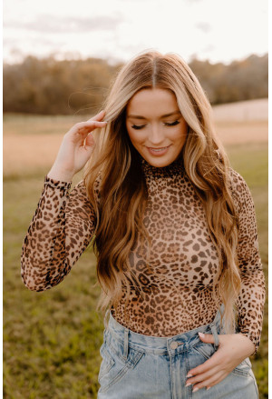 Brown Leopard Smocked Neck Mesh Long Sleeve Bodysuit