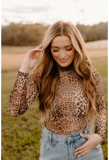 Brown Leopard Smocked Neck Mesh Long Sleeve Bodysuit