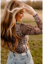 Brown Leopard Smocked Neck Mesh Long Sleeve Bodysuit