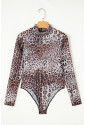 Brown Leopard Smocked Neck Mesh Long Sleeve Bodysuit