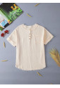 Parchment Crinkle Textured Frayed Trim Half Button Short Sleeve Top